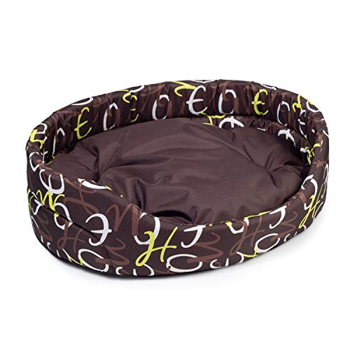 BOUTIQUE ZOO Hundebett | Oval Hundekissen für Hunde oder Katzen | Kratzfest Hundeliege mit Kissen | Hundekorb | Waschbar Polyester (L: 57 x 52 cm, Braun mit Muster)