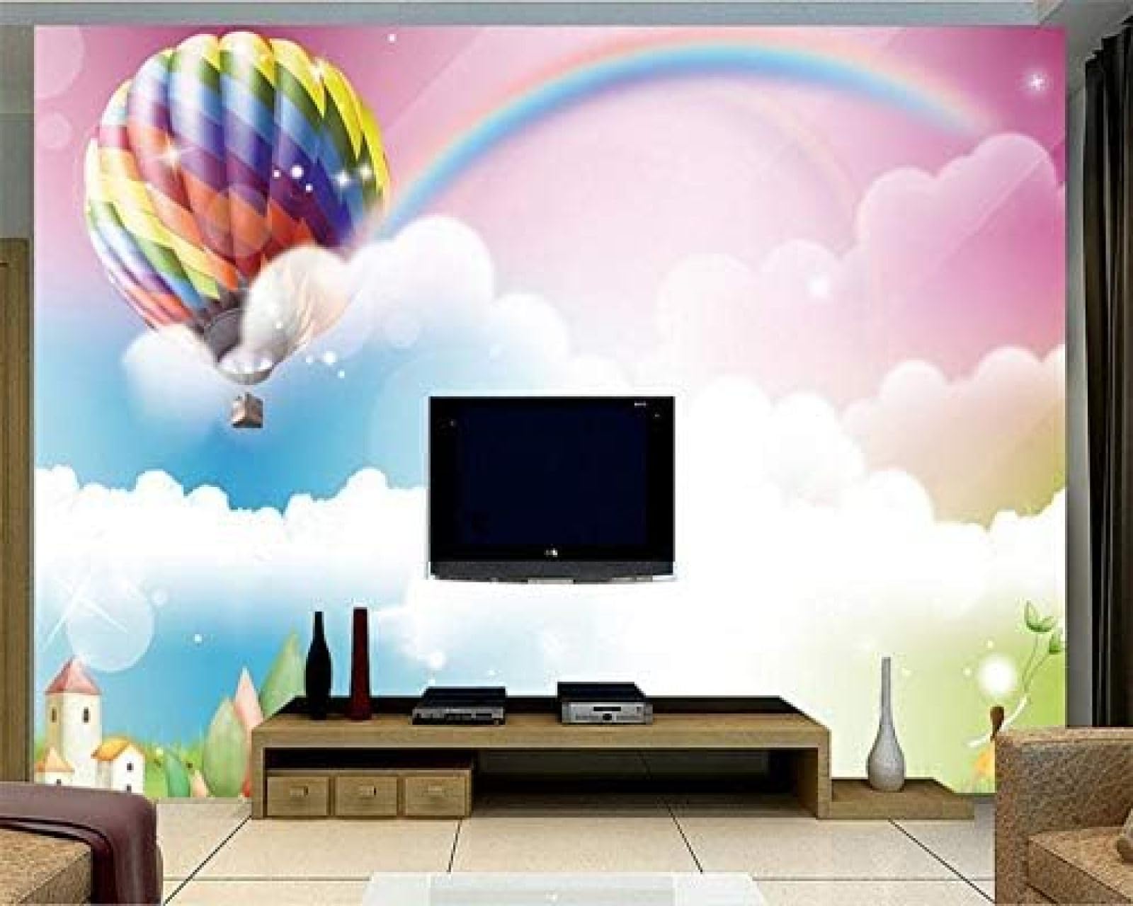 Große Blume Tapete Heißluftballon Traum Regenbogen Tapete Kinderzimmer 3D Tapete 3D Tapete Vlies Effekt Tv Die Fototapete Wandbild Wohnzimmer Schlafzimmer-350cm×256cm