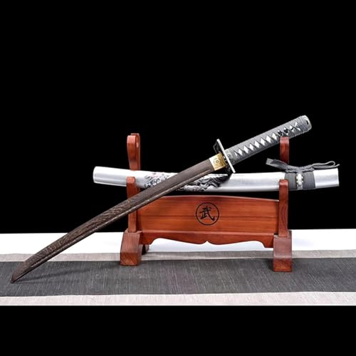 MAUXpIAO Japanisches Wakizashi Katana, Mahagoniklinge, 78 cm kurzes Samurai-Schwert, traditionelles Herstellungsverfahren, Scheide mit Sprühfarbe aus Massivholz, Holzschwert für Cosplay, Keno, Dekor,