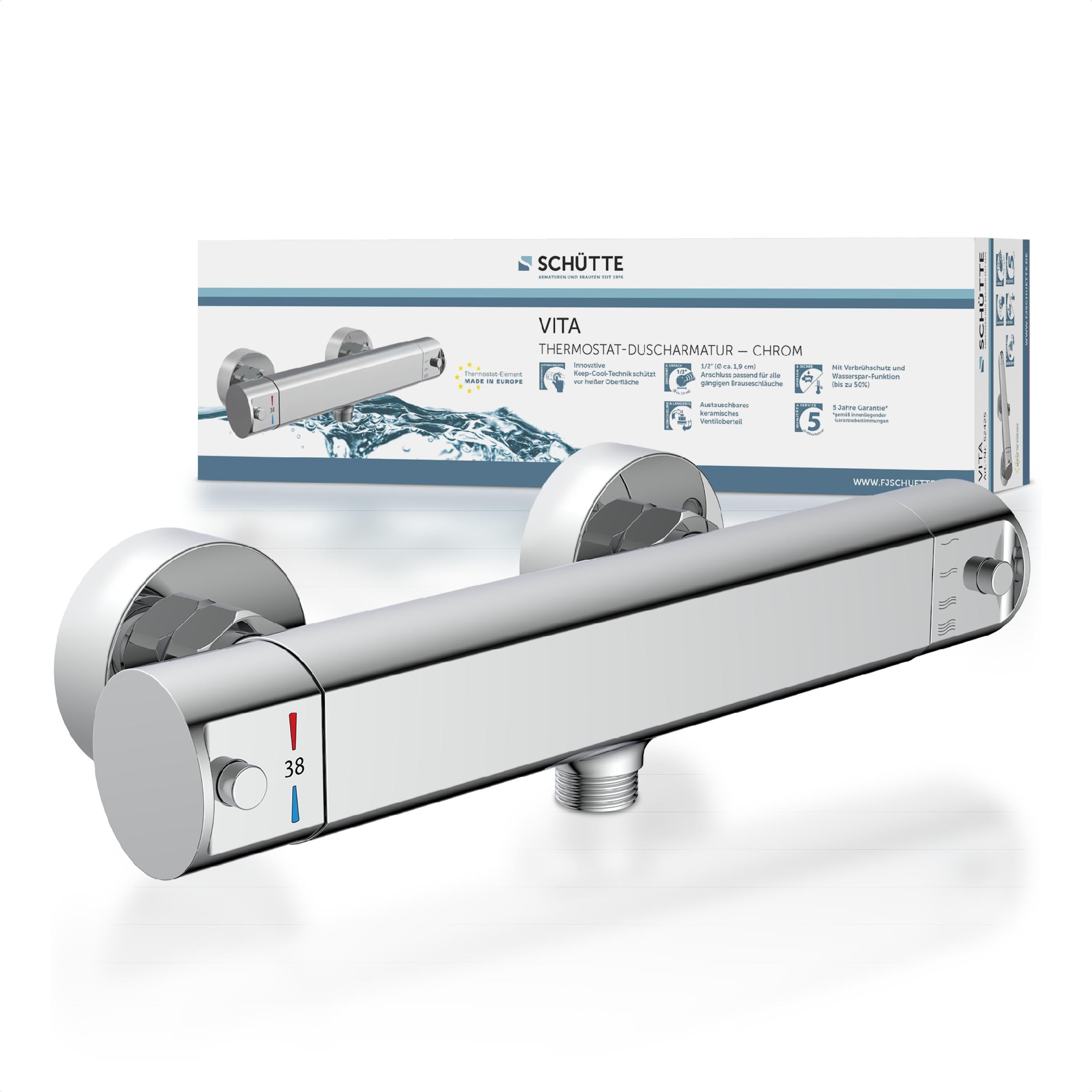 SCHÜTTE 52425 VITA Thermostat Duscharmatur, Brausethermostat Brausearmatur, Mischbatterie mit Verbrühschutz bei 38℃, Duschthermostat, extra flache Armatur für die Dusche in Chrom