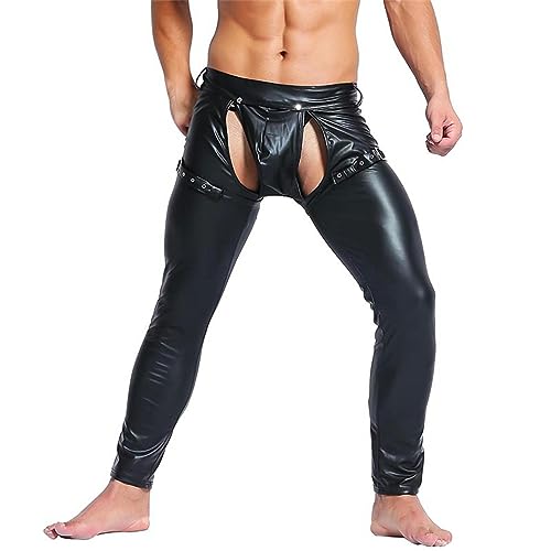 VOIV Sexy Herren Kunstleder Skinny Tight Hose Clubwear Nachtclub Hose Herren PU Leder Schwarz Tänzerin vorne offen Lange Hose