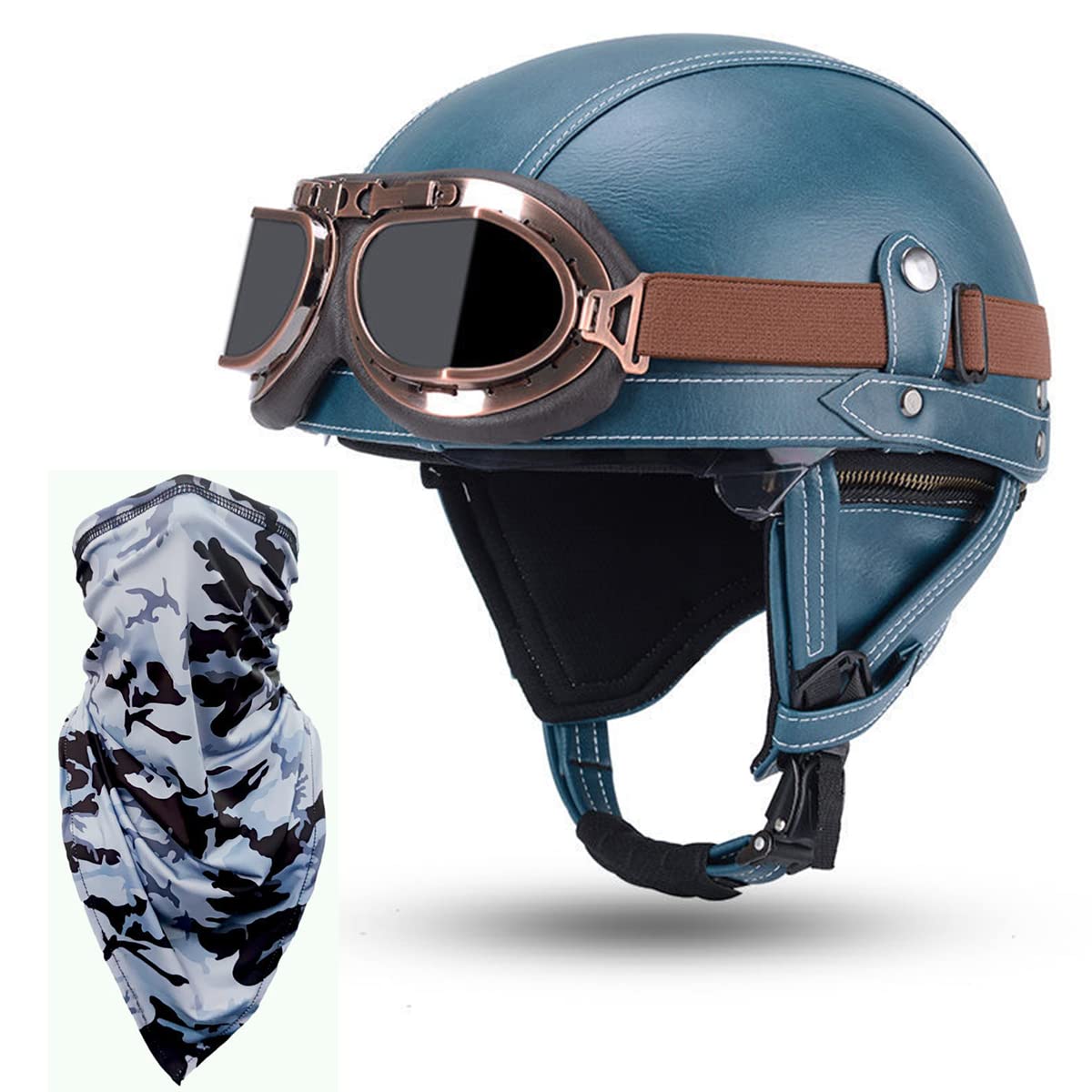 Jet-Helm Herren Retro Cruiser Bike Motorrad-Helm Mit Schutz-Brille Gesichtstuch, Erwachsene Jethelm Vintage Handgefertigte Leder Scooter-Helm Roller Motocrosshelm ECE-Zulassung