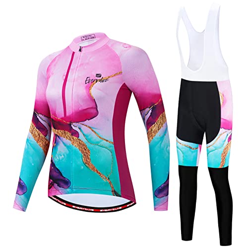 Radtrikot Damen Langarm|Fahrradbekleidung Frauen|Radsportanzug Set,MTB Fahrradtrikot Cycling Oberteil und Radhose mit 19D Gel Sitzpolster,Bike Bekleidung Rennrad Atmungsaktiv Schnell Trocknen(12,M)