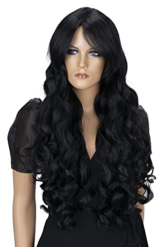 PRETTYSHOP 80cm Extra Langhaarige Perücke Voluminös Cosplay Party Wig Schwarz CP1