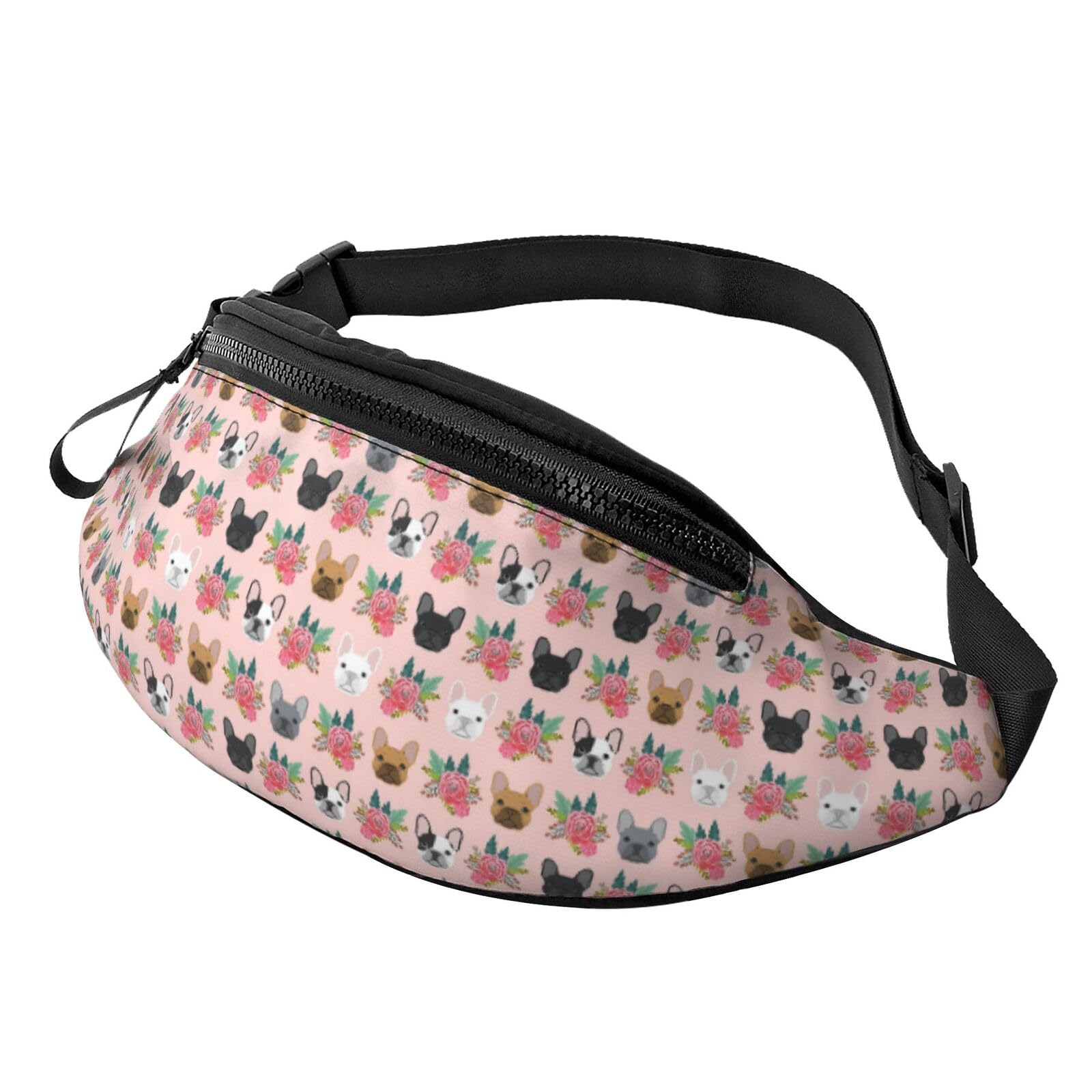 HSJFS Modische Hüfttasche mit niedlichem Giraffen-Druck, verstellbarer Gürtel, lässige Brusttasche, Französische Bulldogge und Blumen, Einheitsgröße