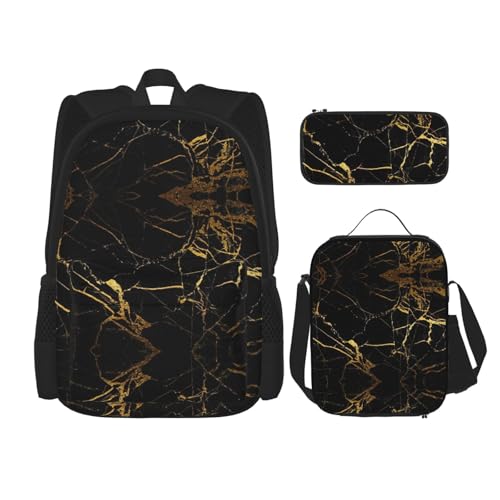 WURTON Rucksack-Set mit verstellbaren Schulterriemen, Rucksack-Set, Lunchtasche, Federmäppchen, Kombinationstaschen, Gold/Schwarz