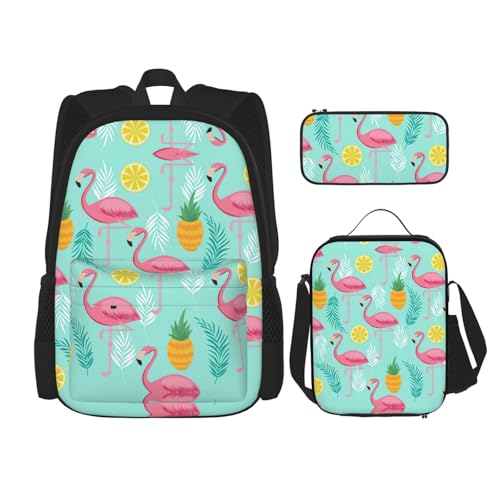 WURTON Rucksack mit Flamingo-Druck, 3-in-1, Büchertaschen-Set, Lunchbox, Federmäppchen, Reise-Laptop, Tagesrucksäcke, Schwarz, Einheitsgröße