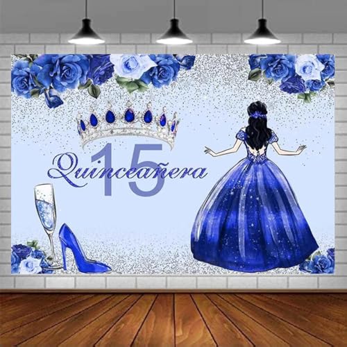 15. Geburtstag Fotografie Hintergrund Für Mädchen Blaues Kleid Krone Hintergrund Blaue Blumen Und High Heels Schuhe Dekor 210X150cm