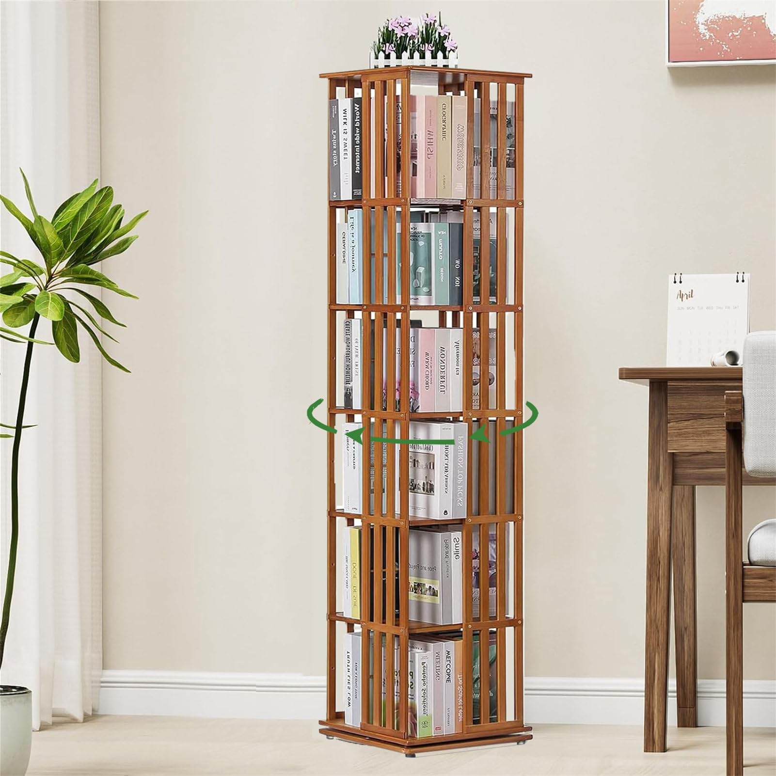 GLBMXDD Drehbares Bücherregal, kleines Eckbücherregal für kleine Räume, 360-Grad-Display, bodenstehendes Bücherregal, schmales Bambus-Lagerregal, geeignet für Schlafzimmer und Wohnzimmer,Brown