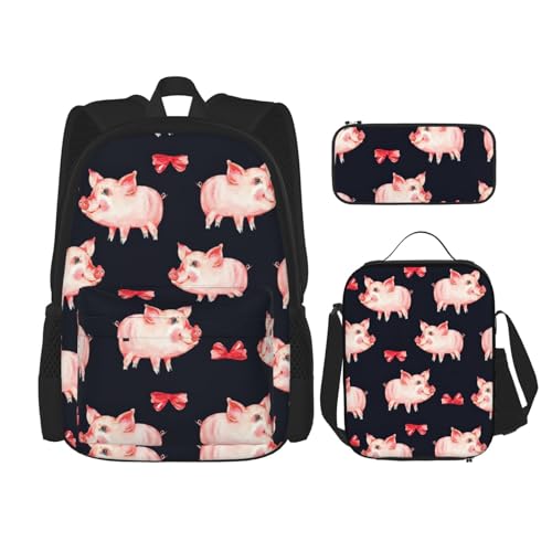 WURTON Schulrucksack-Set mit niedlichem Schweinchen-Druck, 3-in-1-Büchertaschen-Set mit Lunchbox, Federmäppchen, Reise-Laptop-Tagesrucksäcke, Rot