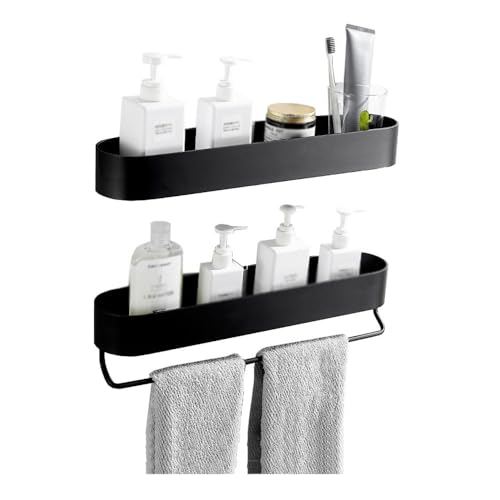 Badezimmerregal für Bad und Küche Duschcaddy 2er-Pack, selbstklebende Dusch-Organizer mit Handtuchstange for Badezimmer und Küche, moderne Duschregale aus Aluminium mit abgerundeten Kanten, schwarz Du