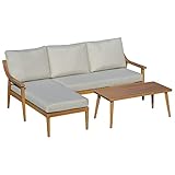 Outsunny 3-teiliges Gartenmöbel Set mit Chaiselongue Doppelsofa Beistelltisch & Kissen Khaki Loungemöbel Gartenmöbel weiche Polsterung Khaki+Natur