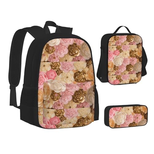 WURTON Rucksack für Teenager, 3-in-1 (Federmäppchen + Schultasche + Lunchtasche) Rosa Weiß Gold Blumendruck