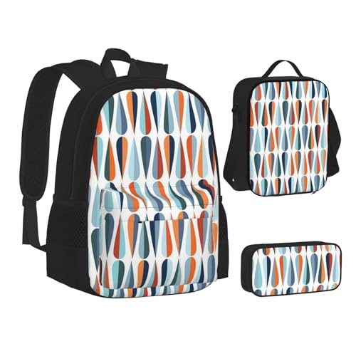 WURTON Schulrucksack-Set mit Camouflage-Muster in Gelb und Grün, für Teenager, Lunch-Tasche, Federmäppchen, 3-in-1, Schulrucksack-Set, Kinderrucksack, Mid Century Modern mit Tropfenformen,