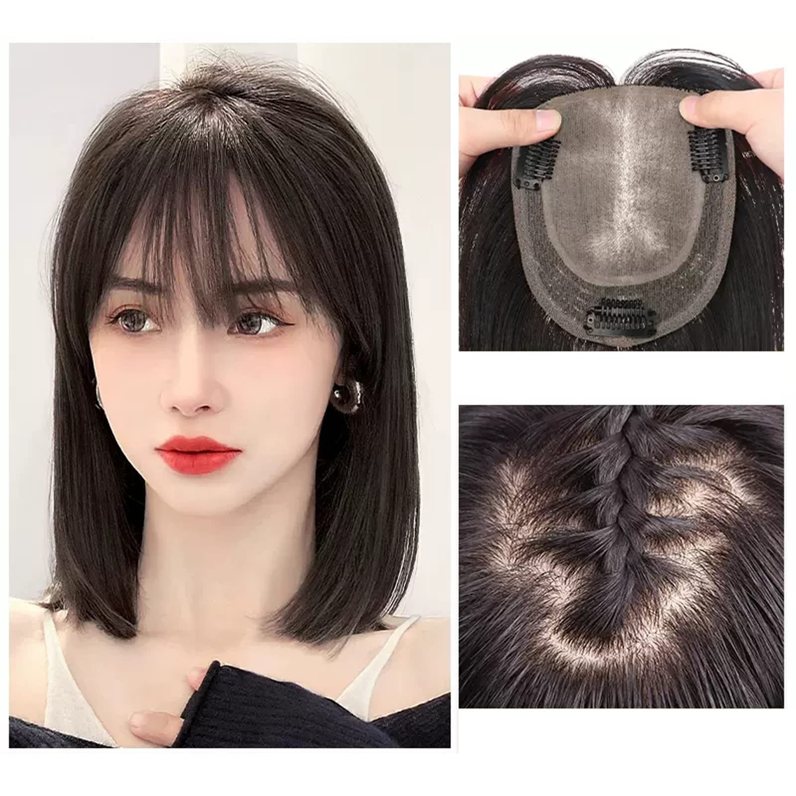 Perücken für Frauen Perückenstück for Damen, Haaraufnäher, flauschiges Haar, erhöht das Haarvolumen, Echthaar, Pony, Abdeckung, weißes Haar, Perückenstück für die Tägliche Party Cosplay Tragen(C-30CM)