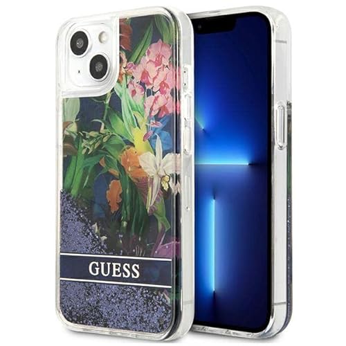 Guess GUHCP13MLFLSB Hülle für iPhone 13 6,1" blau/Blue hardcase Flower Liquid Glitter