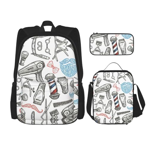 WURTON Barber Shop Schulrucksack 3-in-1 Büchertasche Set mit Lunchbox, Federmäppchen, Reise, Laptop, Tagesrucksack