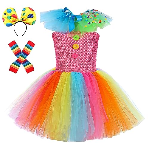 QARIDO Clown Tutu Kostüm - Regenbogen Tutu Damen Mädchen Tutu Kleid | Halloween-Clown-Kostüm mit Halsbändern, Haarbändern und Handschuhen, für 2–10 Jahre alte Mädchen, Kleinkinder