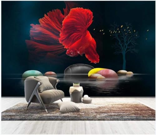 Roter Pfau Fisch Kieselsteine Großer Baum 3D Tapete Poster Restaurant Schlafzimmer Wohnzimmer Sofa TV Dekorative Wand-350cm×256cm