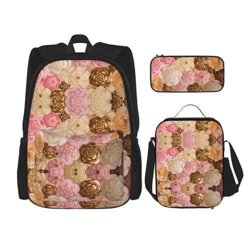 WURTON Rosa Weiß Gold Blumen Druck Reise Lunchbox Federmäppchen Rucksack Set 3 Stück Verstellbare Träger Leicht, Schwarz , Einheitsgröße