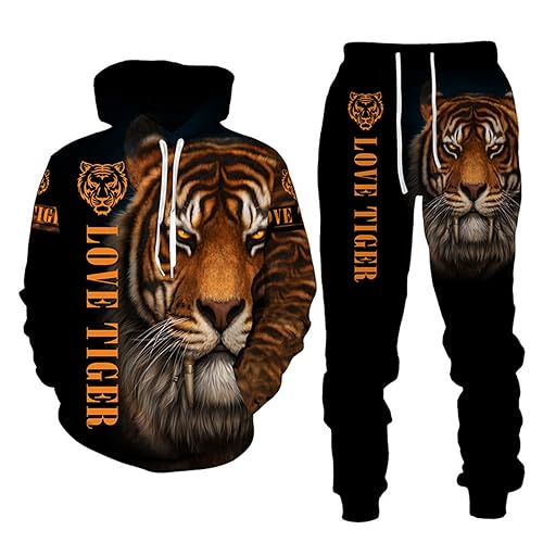 RIAAJ Löwe Tiger Streatwear Trainingsanzüge,Herren 3D Wolf Jogginganzug Kapuzenpullover 2 set Trainingsanzug Sportanzug (tiger2,4XL)