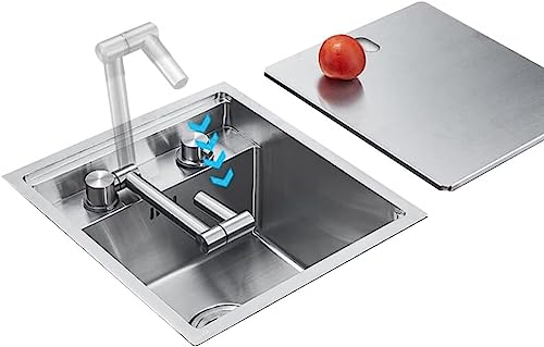 Single Bowl RV Hidden Sink with Cover Edelstahl Small Size Mini Sink Sink with Siphon, Faucet, Drain Pantry Bar Sink,Silver,32 * 43 * 23cm