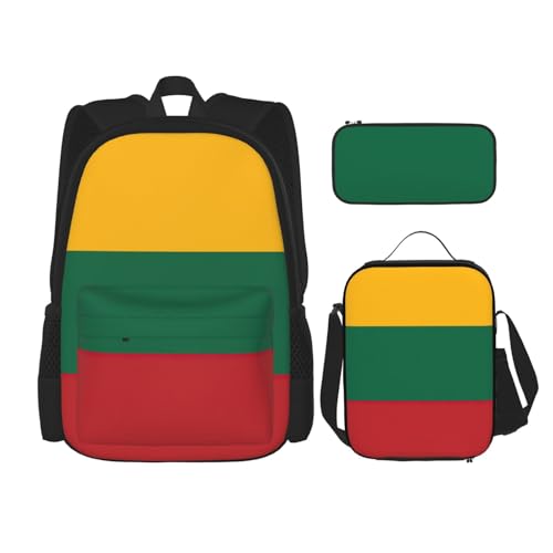 YQxwJL College-Rucksack-Set, Motiv: Flagge von Litauen, Reise-Tagesrucksack-Set mit Lunchbox, Federmäppchen, für Damen und Herren, Schwarz , Einheitsgröße