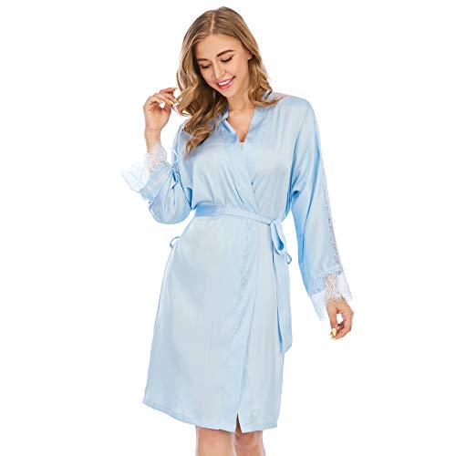 Damen Nachthemd Nachtwäsche Chemise Nachthemd Sexy Spitzenbesatz Loungekleid Langarm Dessous Hausmantel Hellblau-XXL