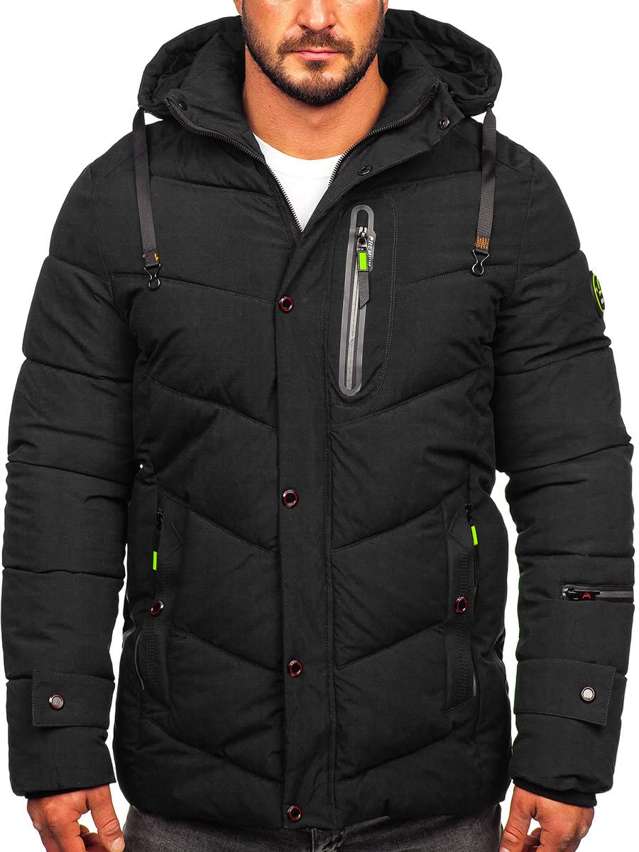 BOLF Herren Winterjacke Steppjacke Sportjacke Daunenjacke Puffer Jacket Kapuze Stehkragen Warm Gefüttert Gepolstert Wasserabweisend Winddicht Outdoor Casual Style Street Look 22M55 Schwarz M [4D4]