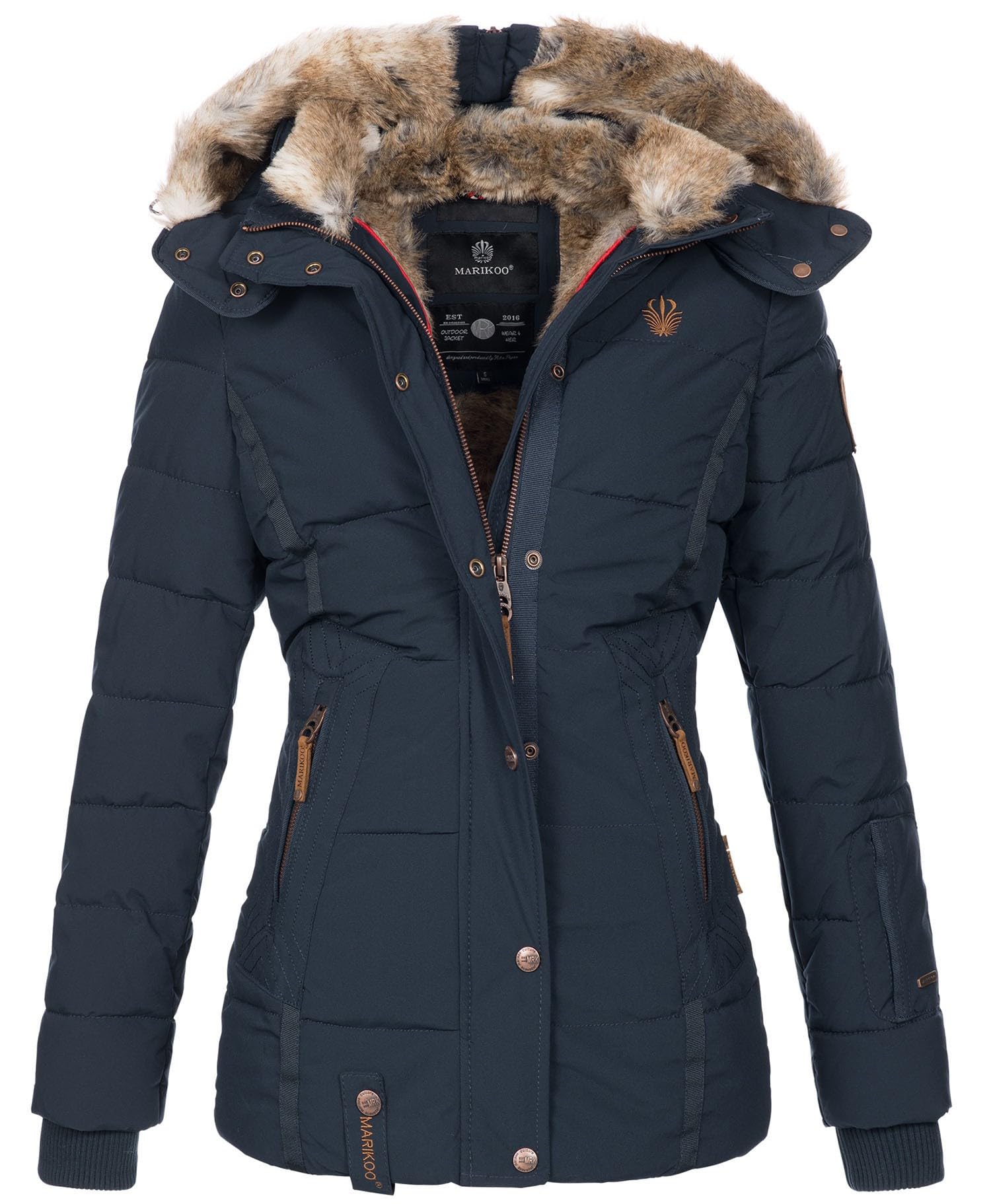 MARIKOO warme Damen Winter Jacke Winterjacke Steppjacke gefüttert Kunstfell B658 [B658-Nek-Navy-Gr.XS]