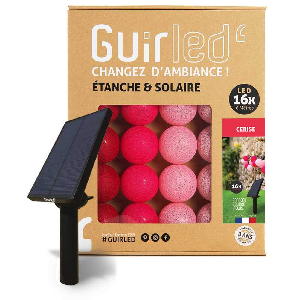 GuirLED - Außengirlande mit Lichtkugeln LED-Guinguette - Wasserdicht IP55 - Hocheffizientes Solarpanel - Automatisches EIN/AUS - 16 Kugeln 3 m- Kirschrot