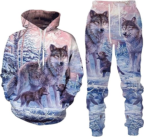 RIAAJ 3D Druckstile Wolf Herren Trainingsanzug,Hoodies+Lange Hose, Jogginganzug, 2-teiliges Set für Herren (2XL,A6)