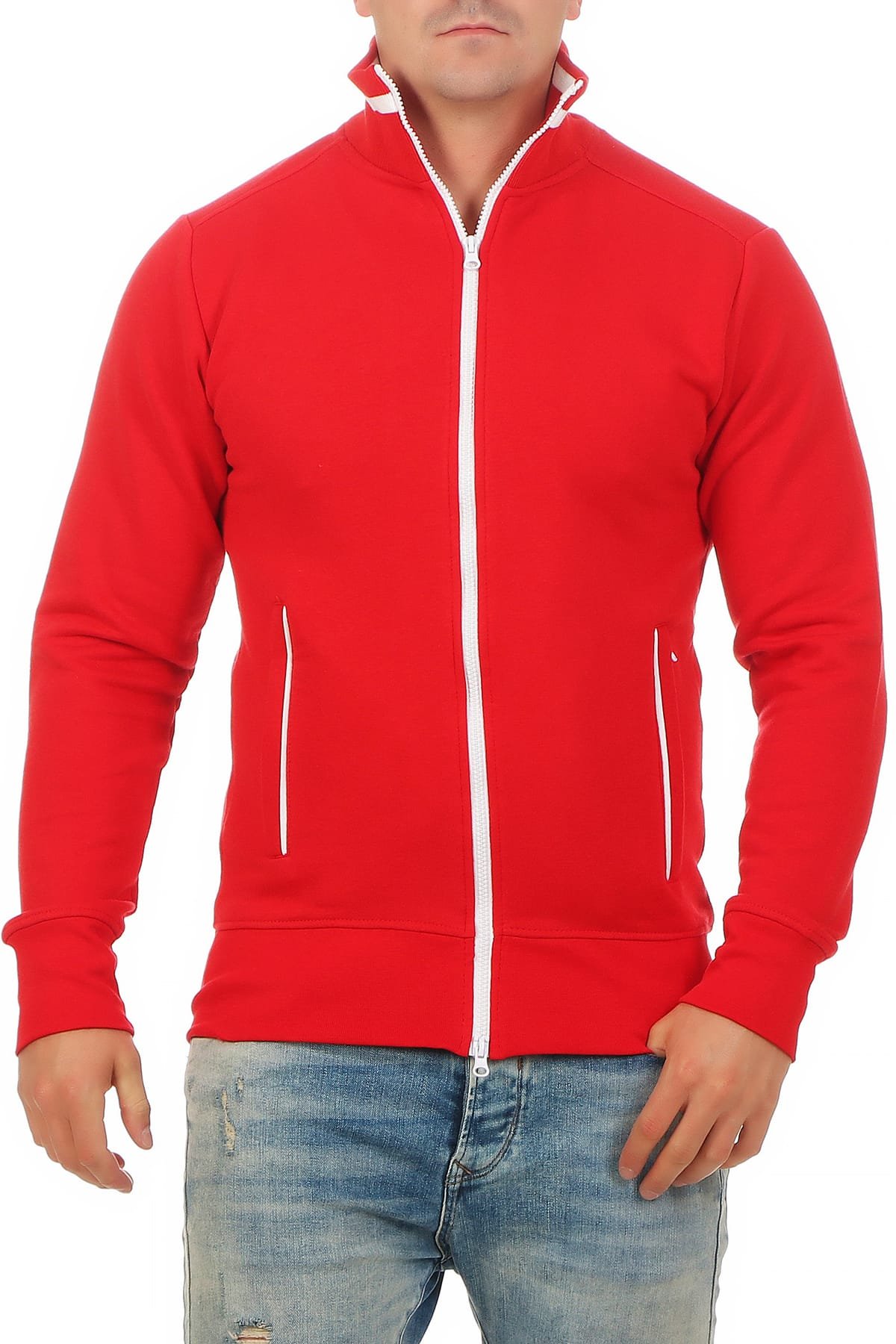 Happy Clothing Herren Sweatjacke sportlich ohne Kapuze - gestreifte Trainingsjacke - Sweatshirtjacke - Zip-Jacke Reißverschluss mit Kragen, Größe:3XL, Farbe:Rot