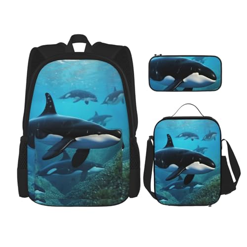 DENMER Mehrzweck-Schultasche mit pinkem Flamingo am Strand, mit passendem Federmäppchen und Lunchtasche, stilvolle All-in-One-Lösung, Killer Whales zum Schwimmen, Einheitsgröße