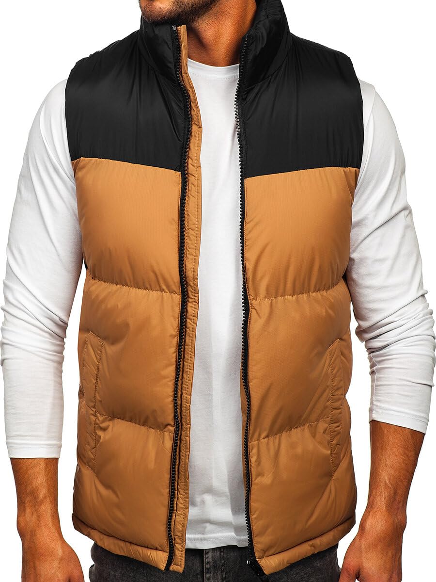 BOLF Herren Weste mit Stehkragen Steppweste Bodywarmer Daunenweste Reißverschluss Ärmellose Sportweste Zip Wärme Freizeit Outdoor Style 9969 Camel XL [1U1]