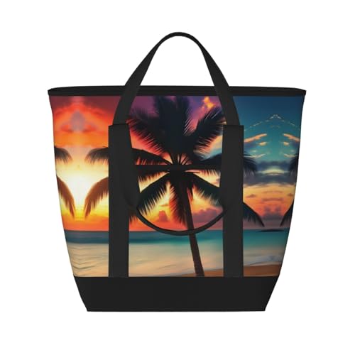 YQxwJL Isolierte Kühltasche mit tropischem Strand, Palme, Sonnenuntergang, großes Fassungsvermögen, Einkaufstasche, Reisetasche, Strand, wiederverwendbare Einkaufstasche für Erwachsene, Schwarz,