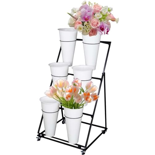 Blumenständer, Metalltransport Blumenregal, Eiserner Florist mit 4 Universalrädern und Plastikeimer, für Wohnzimmer, Garten, Hof, Florist, Balkon, Terrasse,3 Tier 6 White Bucket