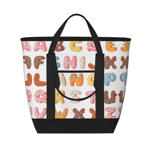 YQxwJL Pink Word Einkaufstasche mit Cartoon-Donut-Druck, großes Fassungsvermögen, isolierte Lunchtasche, wiederverwendbare Einkaufstasche mit Reißverschluss für Damen und Herren