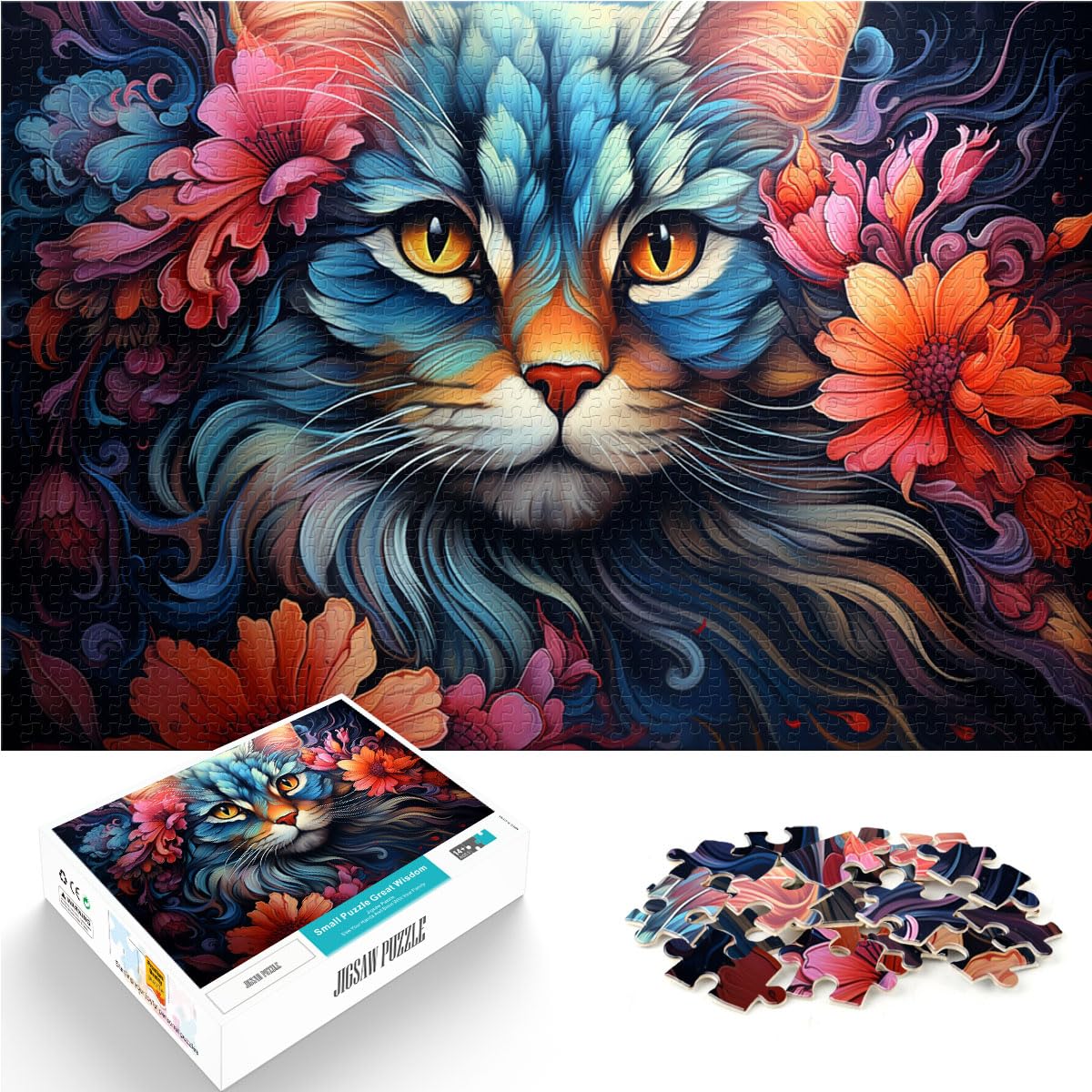 Puzzlespiele „Die farbenfrohe Psychedelie der Katze in Blumen“ 1000-teiliges Holzpuzzle ganze Familie 1000 Teile (50 x 75 cm)