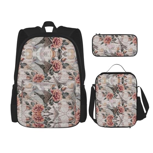 WURTON Schulrucksack-Set mit Blumenmotiv Paris Eiffelturm, 3-in-1, Büchertaschen-Set mit Lunchbox, Federmäppchen, Reise-Laptop-Tagesrucksäcke