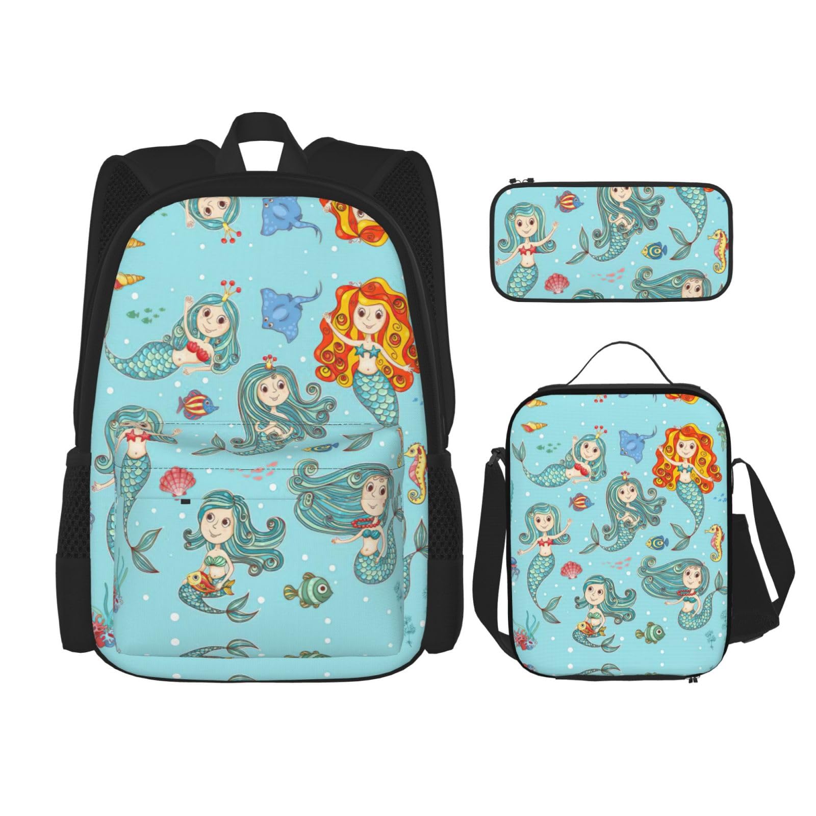 WURTON Marine Sea Life Print Schulrucksack 3 in 1 Büchertasche Set mit Lunchbox Federmäppchen Reise Laptop Daypacks