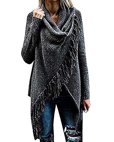 Shallgood Damen Herbst Winter Böhmen Quaste Capes Strickjacke Poncho Stricken Sweater Jumper Pullover Sweatshirt Mode Pulli Dunkelgrau DE 46