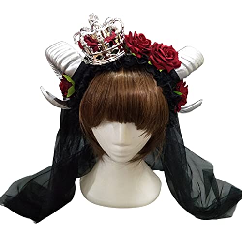 SANRLO Stirnbänder, Haarschmuck für Damen, Ochsenhorn-Kopfbedeckung mit Krone, Blume, Stier, Horn, Schleier, Haarband für kreative Foto-Requisiten, Kostüme, Halloween, Gothic-Zubehör