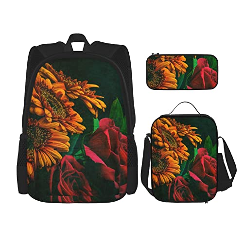 DENMER Wunderschöner Mehrzweck-Schulranzen mit passendem Federmäppchen und Lunchtasche, stilvolle All-in-One-Lösung, Sonnenblume und Rose., Einheitsgröße