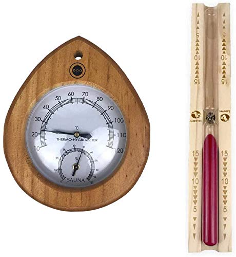 Sauna Klimamesser Tropfen - Finnisches Sauna Thermometer + Hygrometer mit Holzrahmen by OPA/Lumo plus Sanduhr Exclusiv 15min. mit rotem Sand