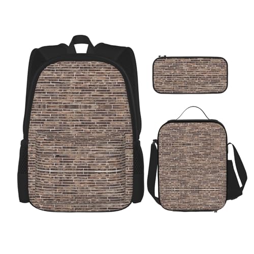 WURTON Brick Wall Print 3-in-1 Büchertaschen-Set, verstellbarer Schulter-Rucksack, Lunch-Tasche, Federmäppchen, Beutelbox, Schwarz, Einheitsgröße