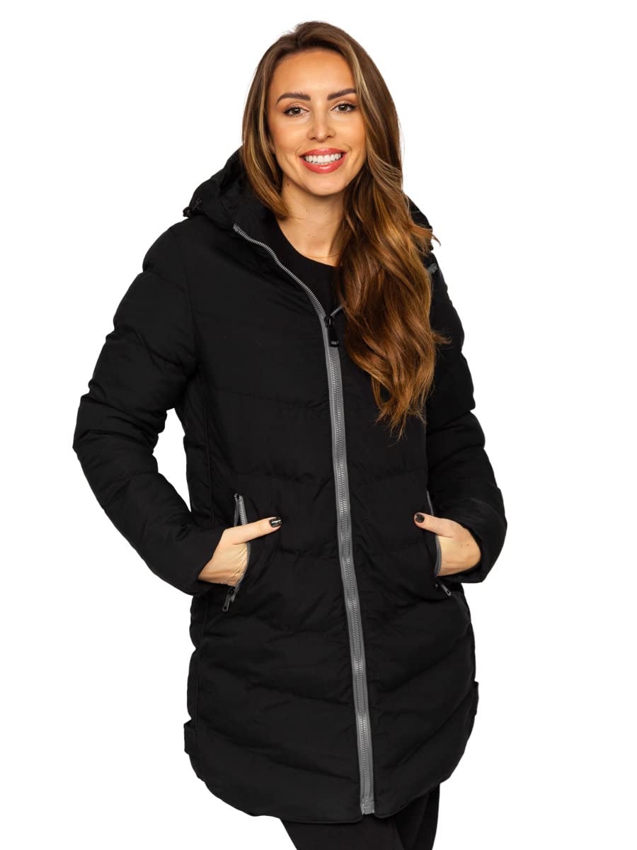 BOLF Damen Winterjacke Parka Wintermantel Lange Daunenjacke Steppjacke Kapuze Puffermantel Sportjacke Warm Gefüttert Freizeit Outdoor Casual Style 7089 Schwarz M [D4D]