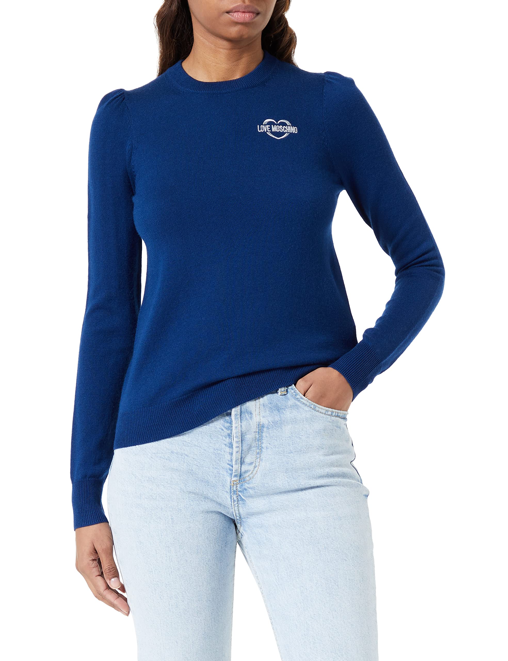 Love Moschino Women's Regular fit Roundneck Long Sleeves with Slight Puff and Heart Embroidery Pullover Sweater, Blue, 40