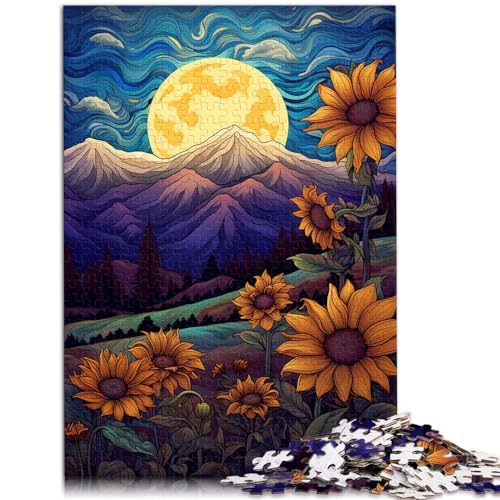 Puzzle-Spiele Sonnenblumen zwischen Bergen und Mond Puzzle 1000 Teile für Erwachsene Holzpuzzle Familienaktivität Puzzle 1000 Teile (50x75cm)