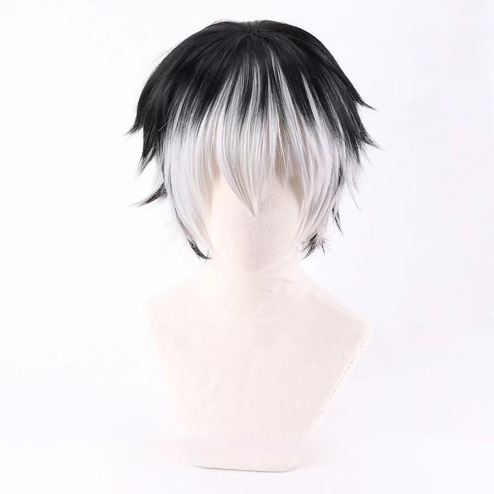 WCCNKK Anime Cosplay Perücke, Haikyuu Kotaro Bokuto Perücke, Schwarzes Kurzes Haar Mit Grauem Farbverlauf, Mit Perückenkappe, Für Party Alltag Halloween Perücke Cosplay, Dekoratives Geschenk